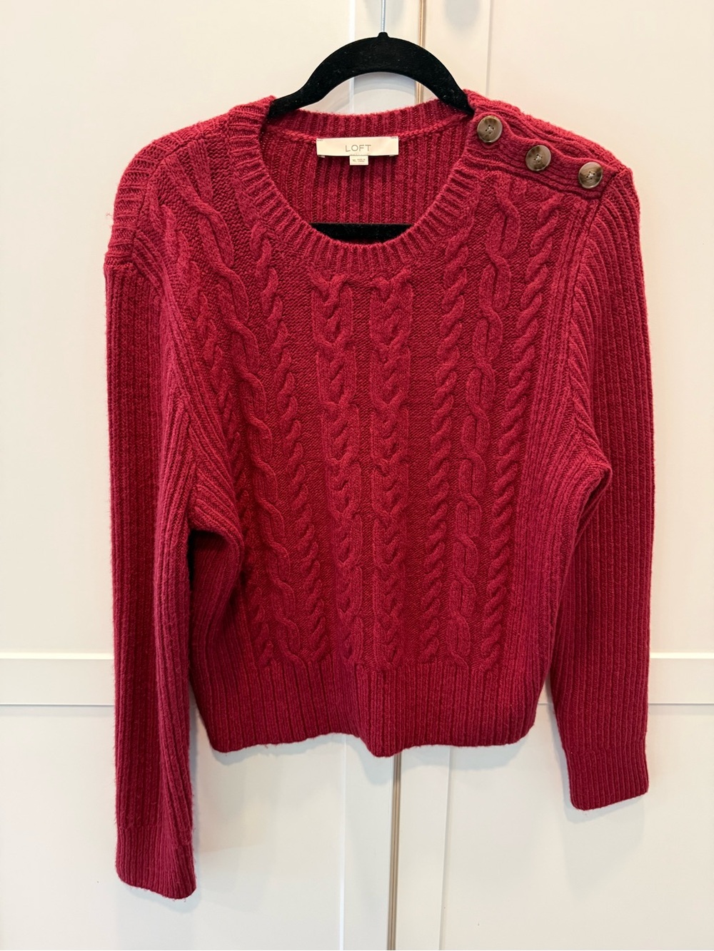 LOFT Cable-Knit Crew Sweater with Shoulder Buttons - Berry - Picture 3 of 5